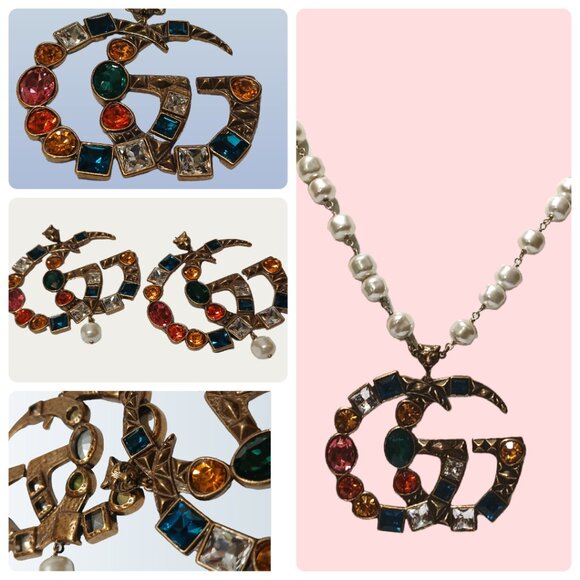 Vintage multicolored, crystal rhinestone, Gucci, necklace and earring set - Picture 14 of 14